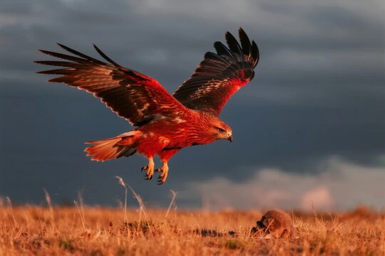 Red kite in flight over grassland with prey on ground