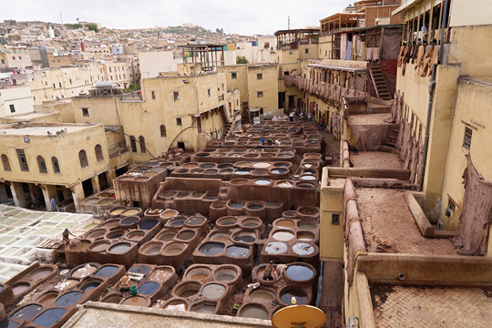 Traditional leather tannery in Fez Morocco