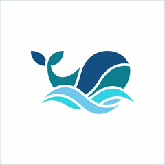 Naklejka premium Stylized whale logo in blue and green tones swimming above abstract waves, representing marine life, ocean conservation, or nautical themes in a modern graphic design