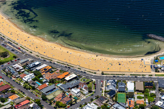 williamstown melbourne aerial view beach sand water city coastline people houses vehicles summer leisure recreation victoria australia