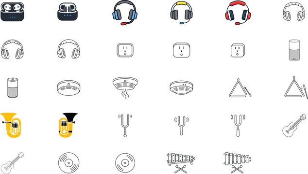 29 Vector Icon Set Bundle with Editable Stroke: Music Instruments, Smart Home Tech, Gaming Headsets, and Audio Gear. Minimalist Black Line Outline Illustrations for UI, Web, and Graphic Design.