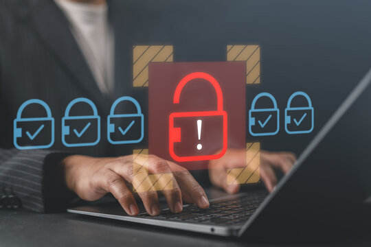 Hacker exploiting network vulnerabilities and misconfigurations to gain unauthorized access, featuring unlocked padlock icons and laptop, representing cybersecurity breaches and hacking threats.