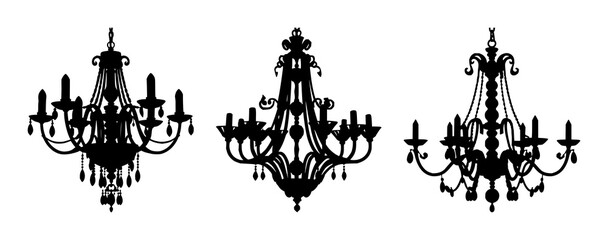 Fototapeta premium Black silhouette, white background: chandelier set with simple line art design featuring outline, illustration, graphic elements with clean design and vector art