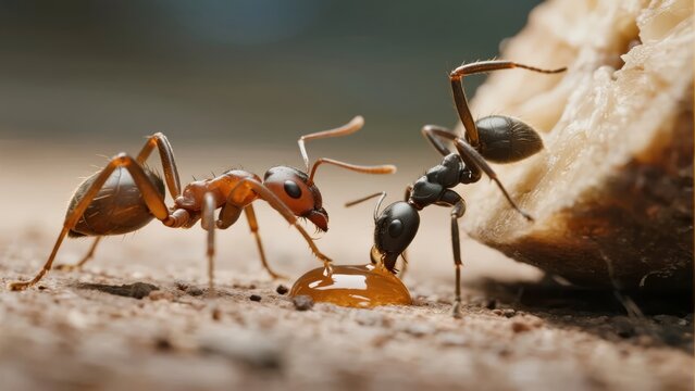 Two ants interacting with a drop of liquid near a piece of food on the ground