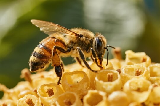 Honeybee on honeycomb, close-up view of bee collecting nectar