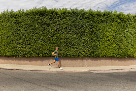 Lone Athlete running by hedge row