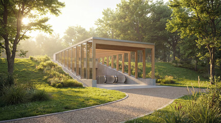 Fototapeta premium Tranquil Urban Metro Gateway Nestled In Verdant Parkland Featuring Sleek Architecture and Refreshing Morning Atmosphere