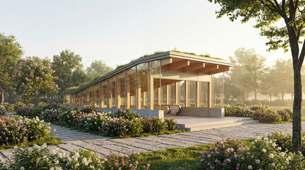 Obraz premium Serene Metro Entrance Blending Into Lush Park Landscape With Clean Modern Design and Peaceful Morning Light