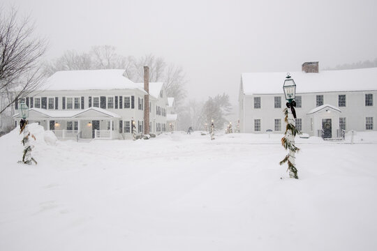scene during snowstorm  in a little town in Massachusetts New England 