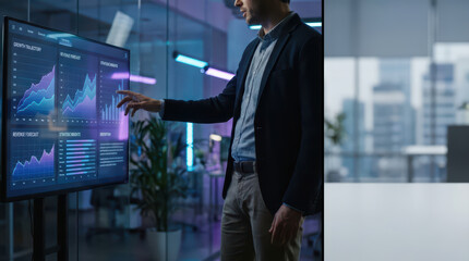 Fototapeta premium Businessman analyzing data digital screen growth trajectory revenue forecast strategic insights office environment technology touchscreen interaction modern workplace financial analysis