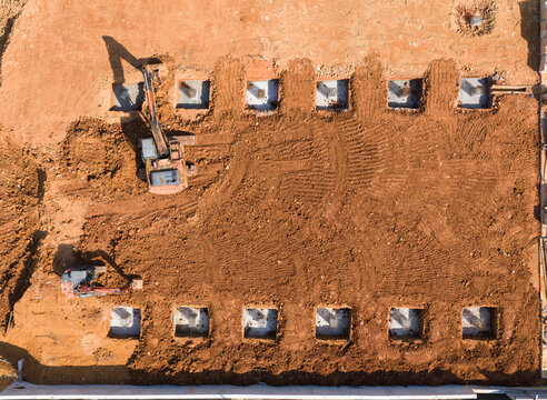 Aerial View Construction Site Excavators Foundations