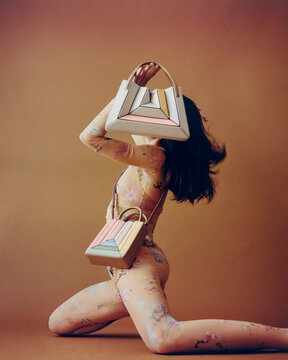 Pastel Geometric Handbags In Fashion Photoshoot