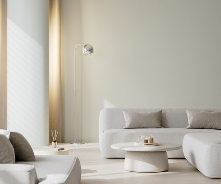 Living room interior in white tones with sofas and column, 3d render