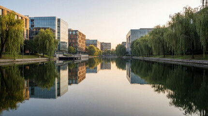 Fototapeta premium Serene Urban Lake With Contemporary Buildings and Willow Trees Reflected on Calm Water at Sunrise