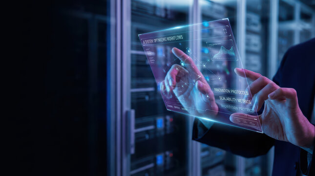 Futuristic transparent digital interface with data visualization, hands interacting with holographic screen, technology innovation, and network server background