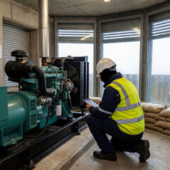 Fototapeta premium Operator Monitoring Coastal Facility Generator Systems for Hurricane Preparedness and Reliable Emergency Power Support