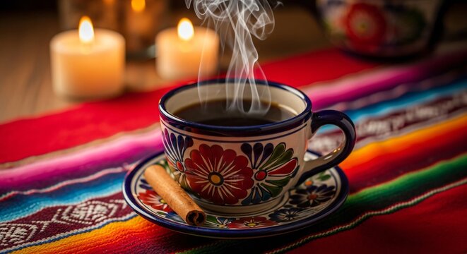 Caf&eacute; de olla tradicional mexicano en taza de talavera sobre sarape colorido, rama de canela y velas al fondo, concepto festivo de Cinco de Mayo y herencia cultural aut&eacute;ntica.