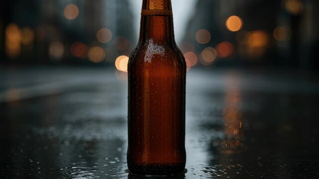 Beer Bottle Silhouette: A solitary beer bottle stands tall against a wet street, with a bokeh background hinting at a vibrant cityscape. A testament to urban life and moments of pause.