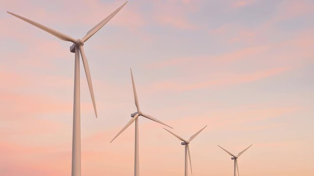 Wind Turbines at Sunset: A row of wind turbines stands tall against a pastel-colored sunset sky, representing sustainable energy and a commitment to environmental stewardship.