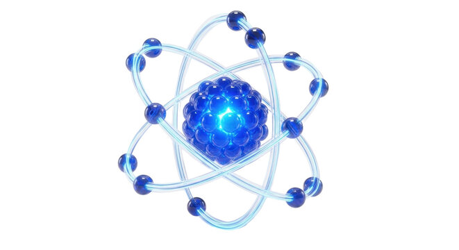 Glowing blue atom with electron orbitals