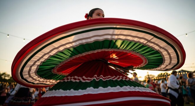 Bailarina folcl&oacute;rica mexicana girando falda tricolor en celebraci&oacute;n del Cinco de Mayo, danza tradicional de Jalisco, cultura mexicana vibrante, fiesta regional