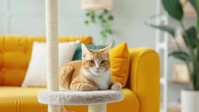 Cat's Cozy Perch in a Living Room: A contented domestic cat relaxes atop its cat tree, set against the backdrop of a bright and inviting living space.