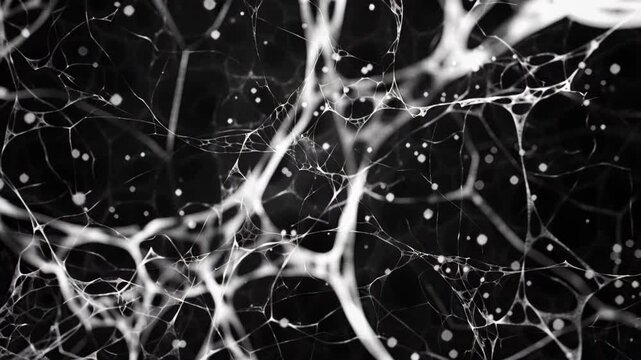Abstract Neural Network in Black and White: An intricate and abstract representation of a neural network, a complex web of interconnected lines and nodes, captured in striking monochrome tones.