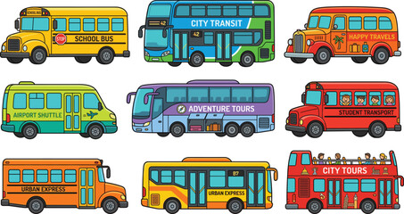 Colorful bus collection vector illustration featuring school bus, city transit, tour coach, shuttle and transport vehicles in cartoon flat style © MdMostafijur
