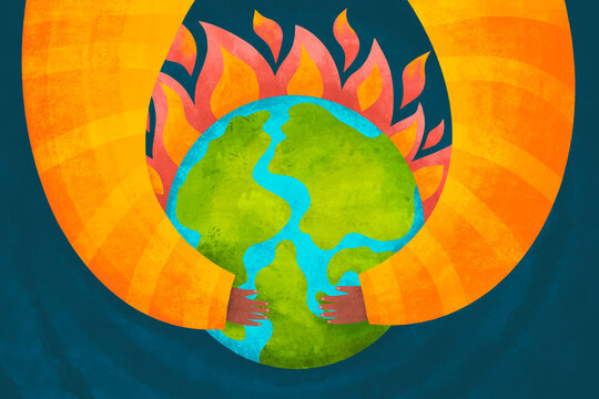 Hands hold planet while facing fire in bright colors and shapes