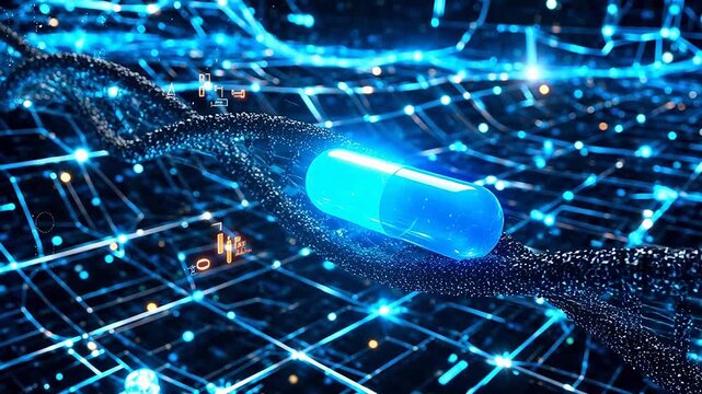 Blue capsule on DNA strand with network for educational projects and academic promotions