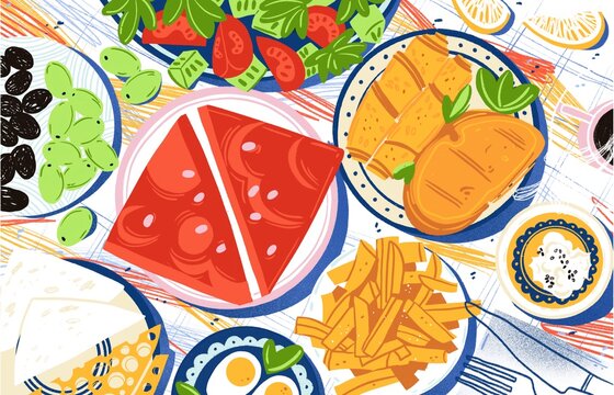 Turkish breakfast still life banner with traditional dishes