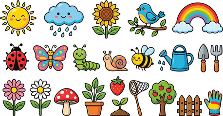 Cute garden elements cartoon vector collection with sun, rainbow, insects, flowers, tools and plants, colorful nature illustration set for kids design © MdMostafijur