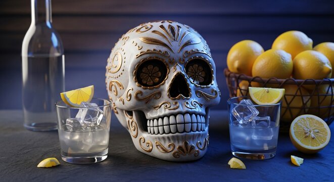 Calavera mexicana decorada con oro junto a c&oacute;cteles de tequila con limones y hielo, ambiente festivo de Cinco de Mayo, celebraci&oacute;n cultural, bodeg&oacute;n de bar con estilo m&iacute;stico.