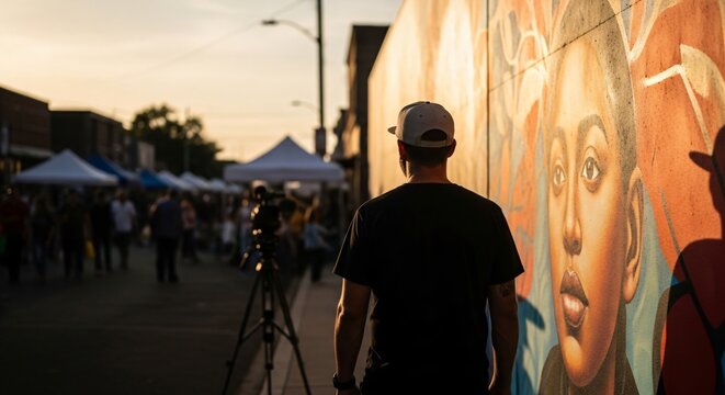 Vide&oacute;grafo observando mural art&iacute;stico en festival cultural de Cinco de Mayo, ambiente urbano al atardecer, celebraci&oacute;n de herencia hispana, arte callejero y comunidad vibrante.