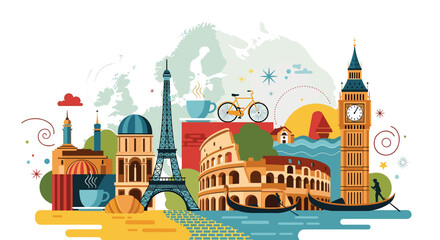 Vibrant illustration showcasing iconic European landmarks and cultural symbols, evoking a sense of travel and adventure. © Sekardewi