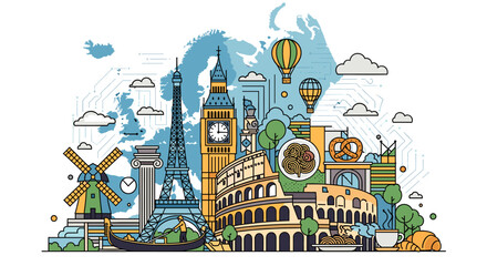 A vibrant illustration showcasing iconic European landmarks and cultural symbols against a map backdrop, representing travel and tourism across the continent. © Sekardewi