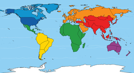 Colorful world map illustrating the seven continents and major landmasses with distinct color coding for geographical regions and oceans. © Sekardewi