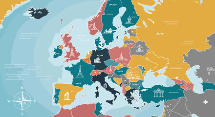 Colorful political map of Europe with famous landmark icons representing each country, set against a blue ocean background with a compass rose. © Sekardewi