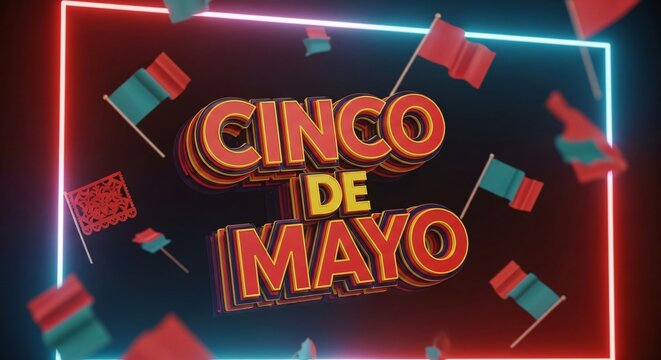 Letrero 3D Cinco de Mayo vibrante rodeado de banderas mexicanas y marco de ne&oacute;n brillante, concepto festivo moderno para celebraciones culturales y eventos tradicionales de M&eacute;xico.