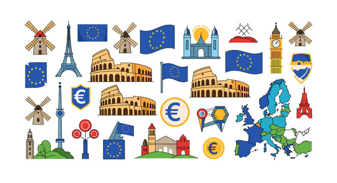 A vibrant collection of European landmarks, flags, currency symbols, and a map of the continent, showcasing diverse cultural icons and national symbols.