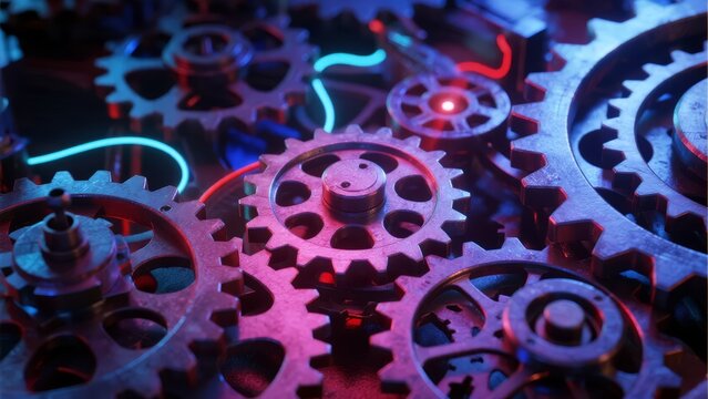 Interlocking mechanical gears illuminated with neon lights in a futuristic industrial setting