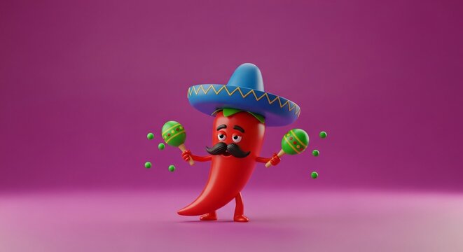 Personaje de chile picante en 3D con sombrero azul y maracas celebrando el Cinco de Mayo, ilustraci&oacute;n festiva mexicana con bigote sobre fondo morado vibrante y dise&ntilde;o alegre.