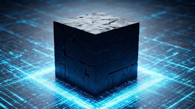 Cracked cube on glowing grid for creative digital media and web design