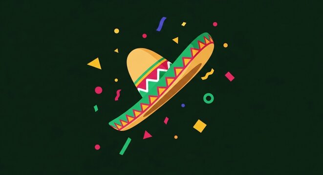 Sombrero mexicano colorido con confeti sobre fondo oscuro, ilustraci&oacute;n vectorial para celebraci&oacute;n de Cinco de Mayo, fiesta tradicional, dise&ntilde;o festivo y alegre de cultura mexicana.