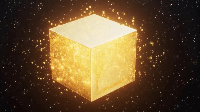 Golden cube in space emphasizing speed, motion, and dynamic energy