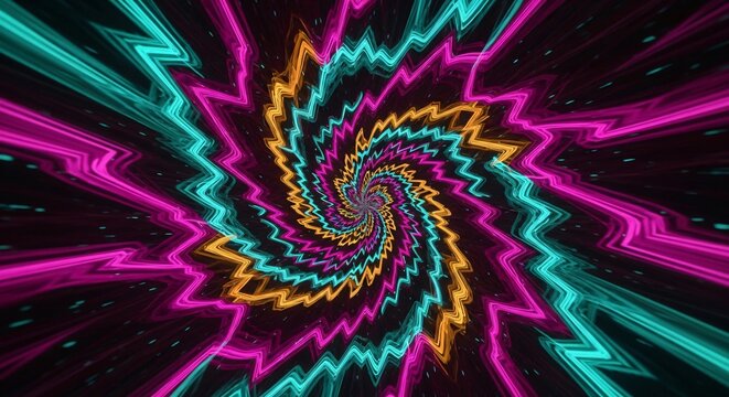 Espiral psicod&eacute;lica de ne&oacute;n vibrante, colores de fiesta mexicana rosa, turquesa y naranja, fondo abstracto din&aacute;mico para celebraci&oacute;n de Cinco de Mayo y eventos nocturnos.