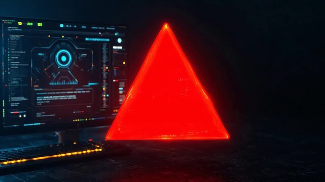 Red glowing cube near computer screen emphasizing industrial strength and manufacturing