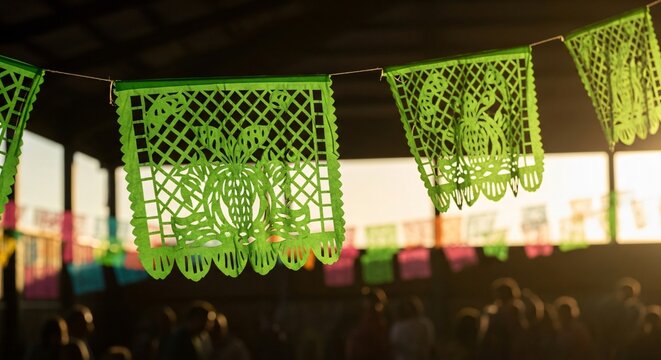 Papel picado verde tradicional ondeando en fiesta mexicana, celebraci&oacute;n de Cinco de Mayo al atardecer, ambiente festivo con siluetas de personas y luz c&aacute;lida dorada.