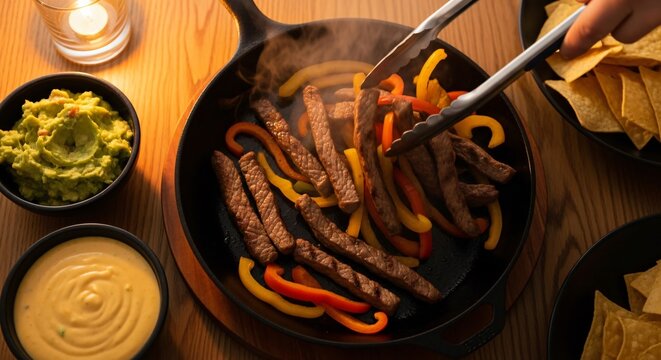 Fajitas de res humeantes en sart&eacute;n de hierro, pimientos vibrantes, guacamole fresco, dip de queso y totopos, celebraci&oacute;n aut&eacute;ntica de Cinco de Mayo, cocina mexicana gourmet.