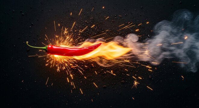 Chile rojo volando con chispas y fuego sobre fondo negro, concepto de sabor picante explosivo para Cinco de Mayo, comida mexicana ardiente, movimiento din&aacute;mico y humo denso.